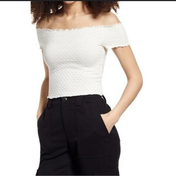 NWT BP Lettuce Hem Textured Stretch Off Shoulder Crop Top Sz M (runs small!) - Picture 1 of 11